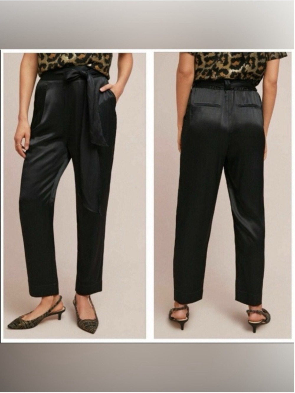 Anthropologie Ettitwa Black Satin Tie-Waist Tapered Pants Size 8